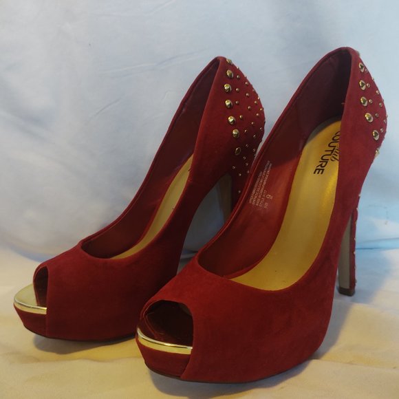 Red Studded Open Toe with Gold Colour Tip 5" Heel - Picture 3 of 11